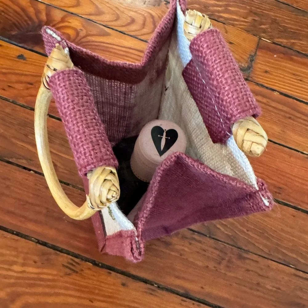 Wrap Art Wooden Handle Burlap Beaded  Wine Tote Bag